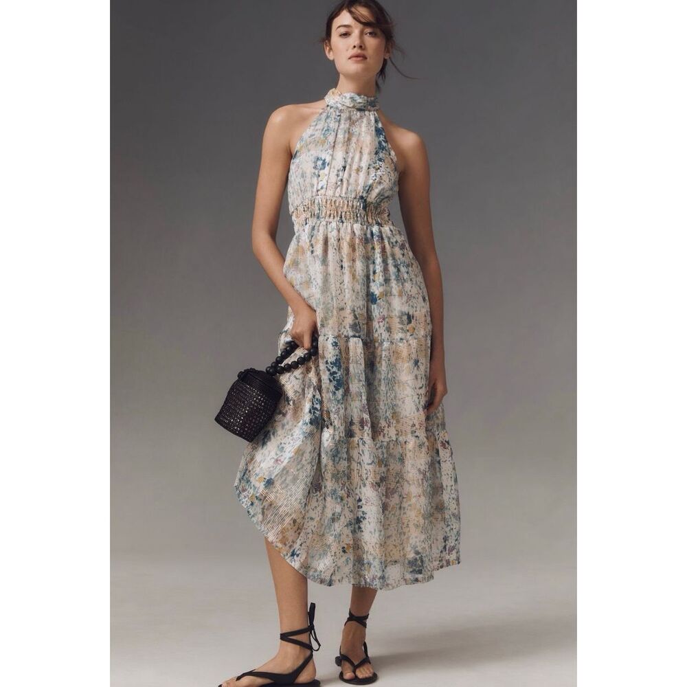 Anthropologie Sz M Somerset Maxi Dress Halter Edition Shimmer Blue - Picture 2 of 13